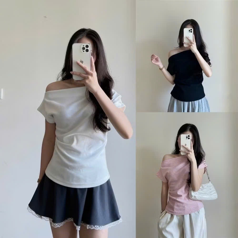 Áo body Nữ Thắt eo cộc tay, Áo trễ vai nữ Phong Cách Hàn Quốc Vạt Xéo Nhọn Top Nữ
