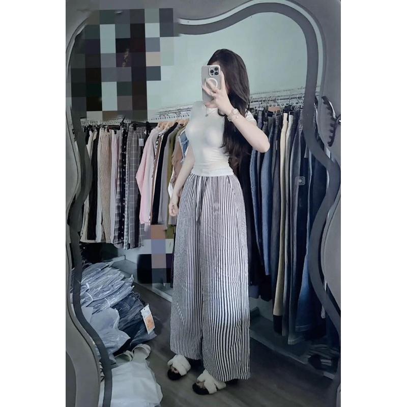 Sét bộ đồ Áo thun babytee from ôm body mix kèm quần dài ống rộng kẻ xinh xắn
