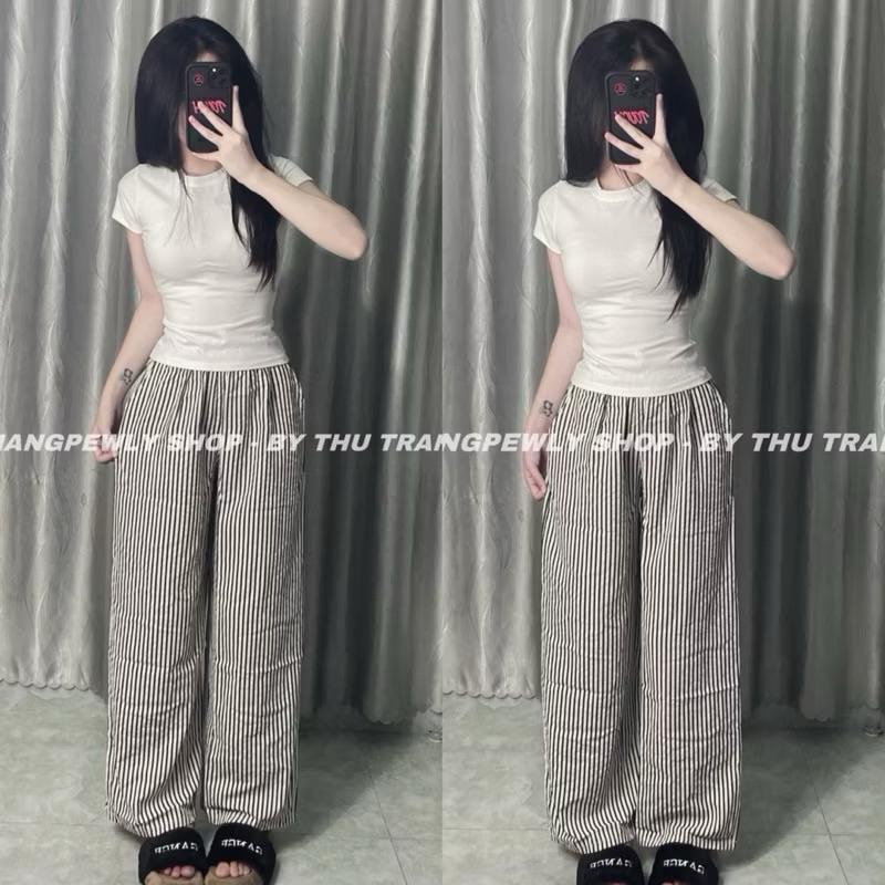 Sét bộ đồ Áo thun babytee from ôm body mix kèm quần dài ống rộng kẻ xinh xắn