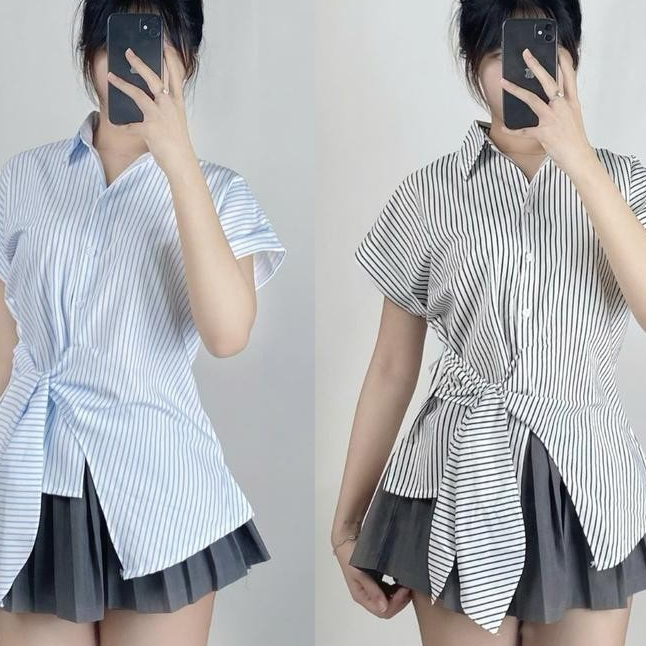 Áo Sơ Mi Ngắn Tay Buộc Tà Chéo Phong Cách Thanh Lịch Trẻ Trung Sành Điệu_A383