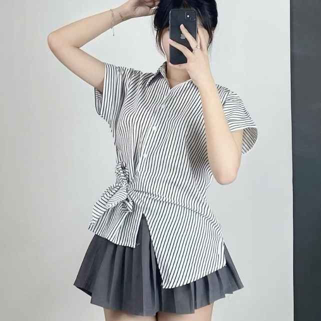 Áo Sơ Mi Ngắn Tay Buộc Tà Chéo Phong Cách Thanh Lịch Trẻ Trung Sành Điệu_A383