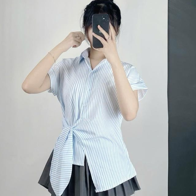 Áo Sơ Mi Ngắn Tay Buộc Tà Chéo Phong Cách Thanh Lịch Trẻ Trung Sành Điệu_A383