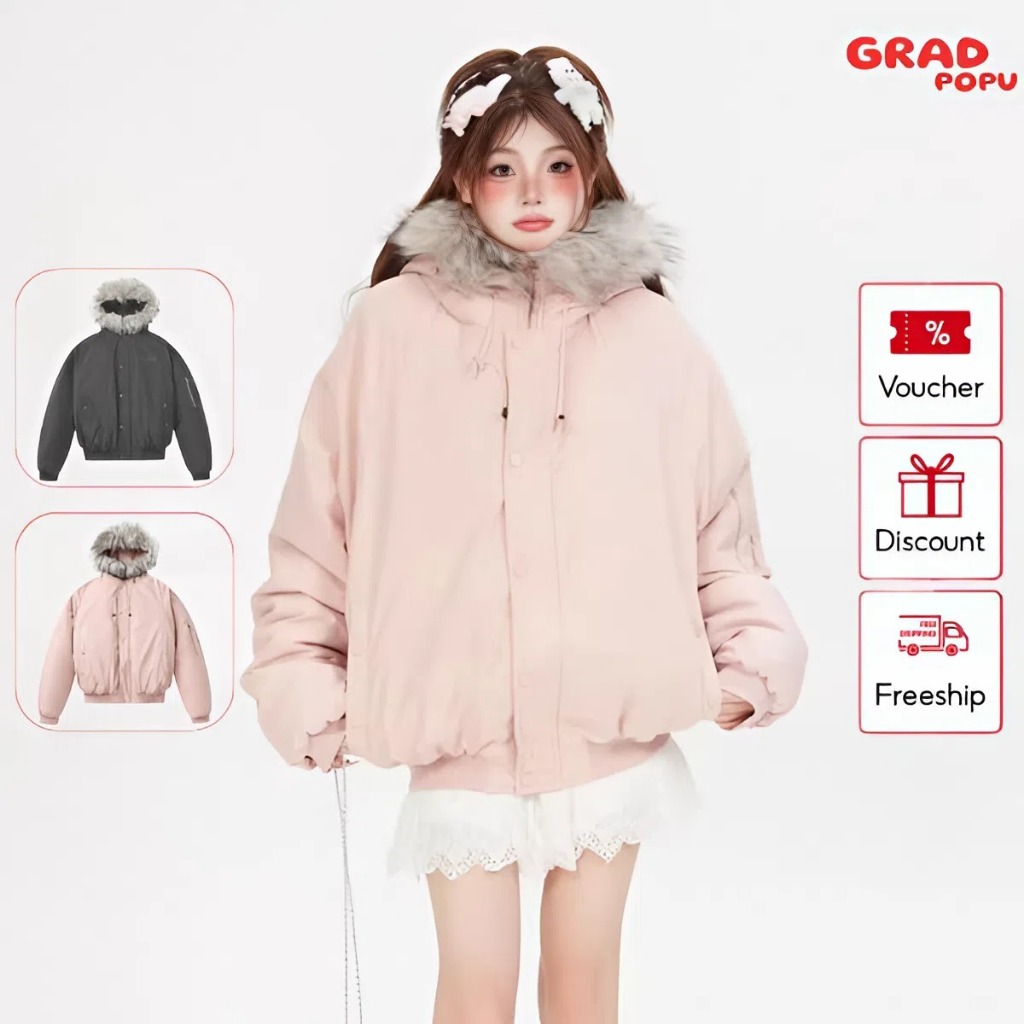 Áo khoác phao nữ GRADPOPU cotton dày dặn, cổ lông, from ngắn rộng cho người nhỏ nhắn PAP27