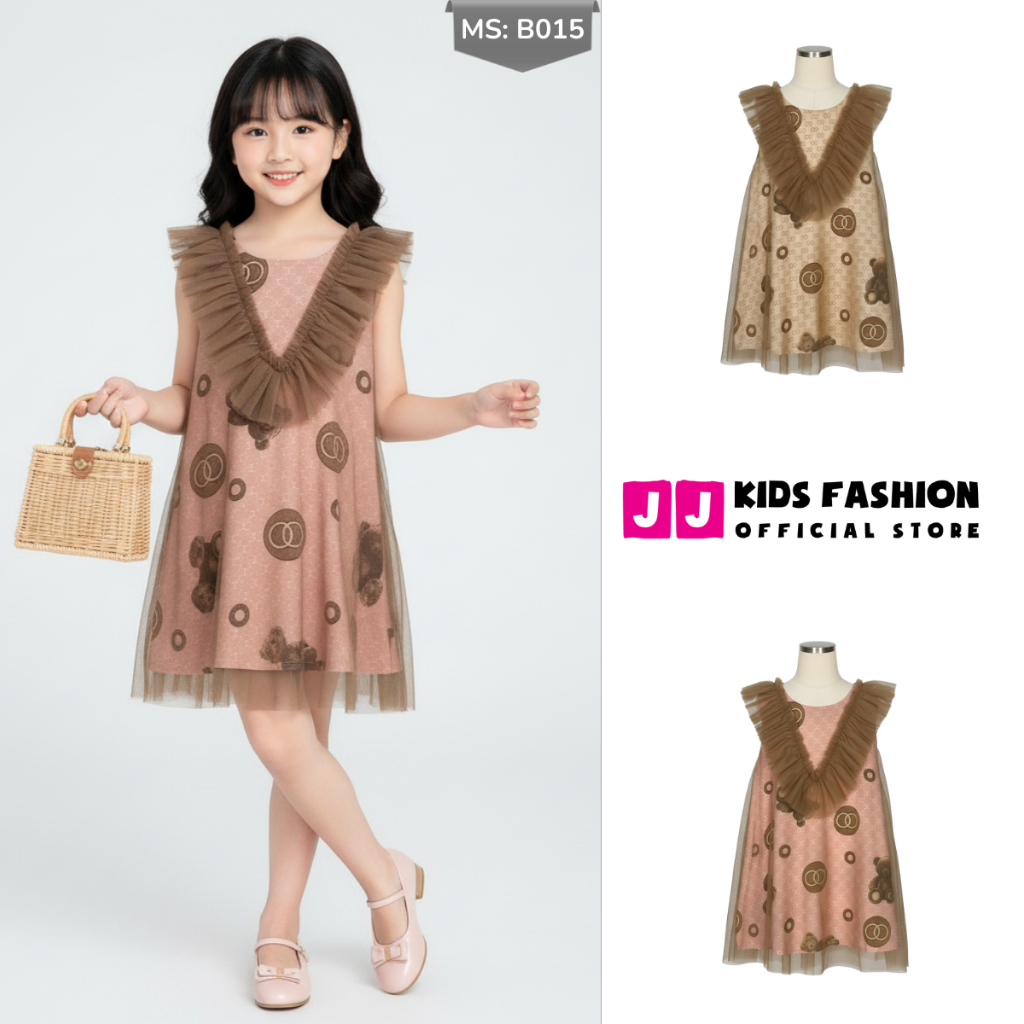 Đầm cho bé gái chất vải lụa kết hợp voan lưới cổ bèo đáng yêu - JJ Kids