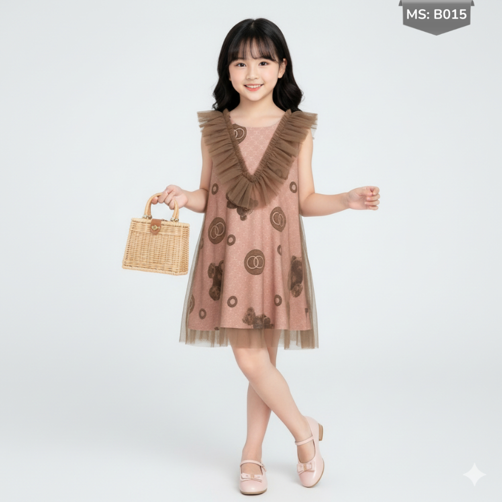 Đầm cho bé gái chất vải lụa kết hợp voan lưới cổ bèo đáng yêu - JJ Kids