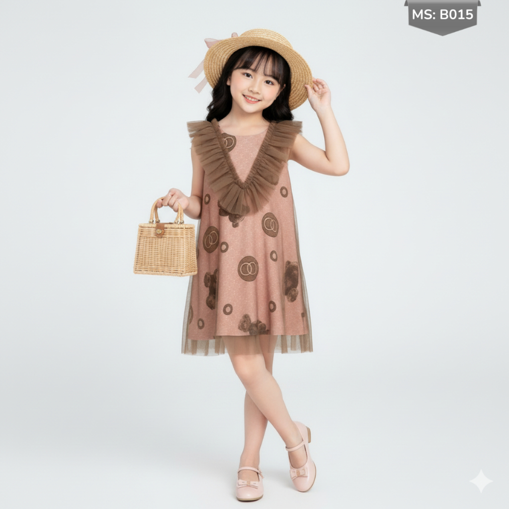 Đầm cho bé gái chất vải lụa kết hợp voan lưới cổ bèo đáng yêu - JJ Kids