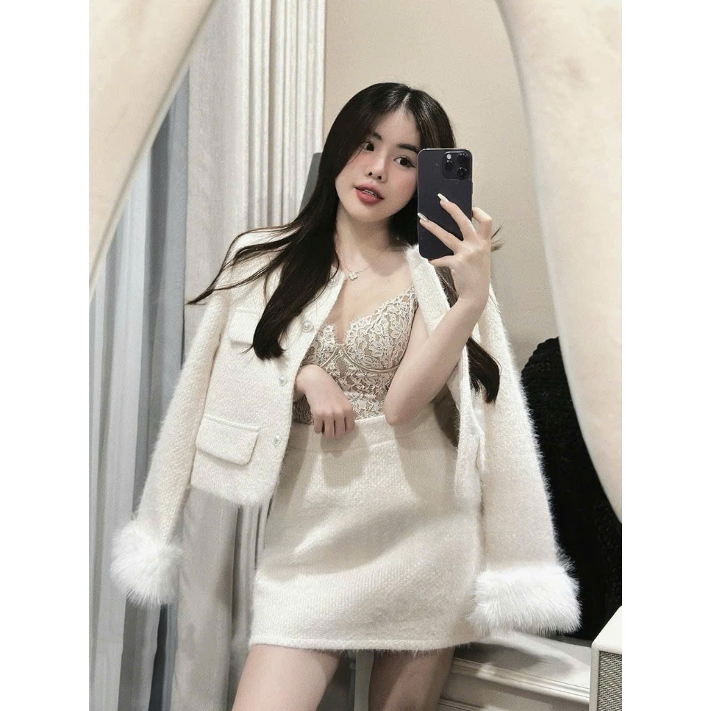 ZIMM STORE -Set trắng đông ấm tay lông sang trọng, lên form xinh