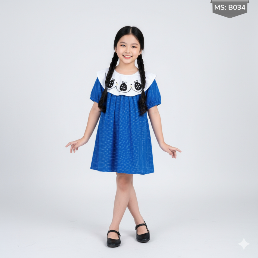 Váy Bé Gái Cổ Lá Sen Thêu, Đầm Kate Mùa Hè 2–8 Tuổi | JJ Kids Fashion | B34