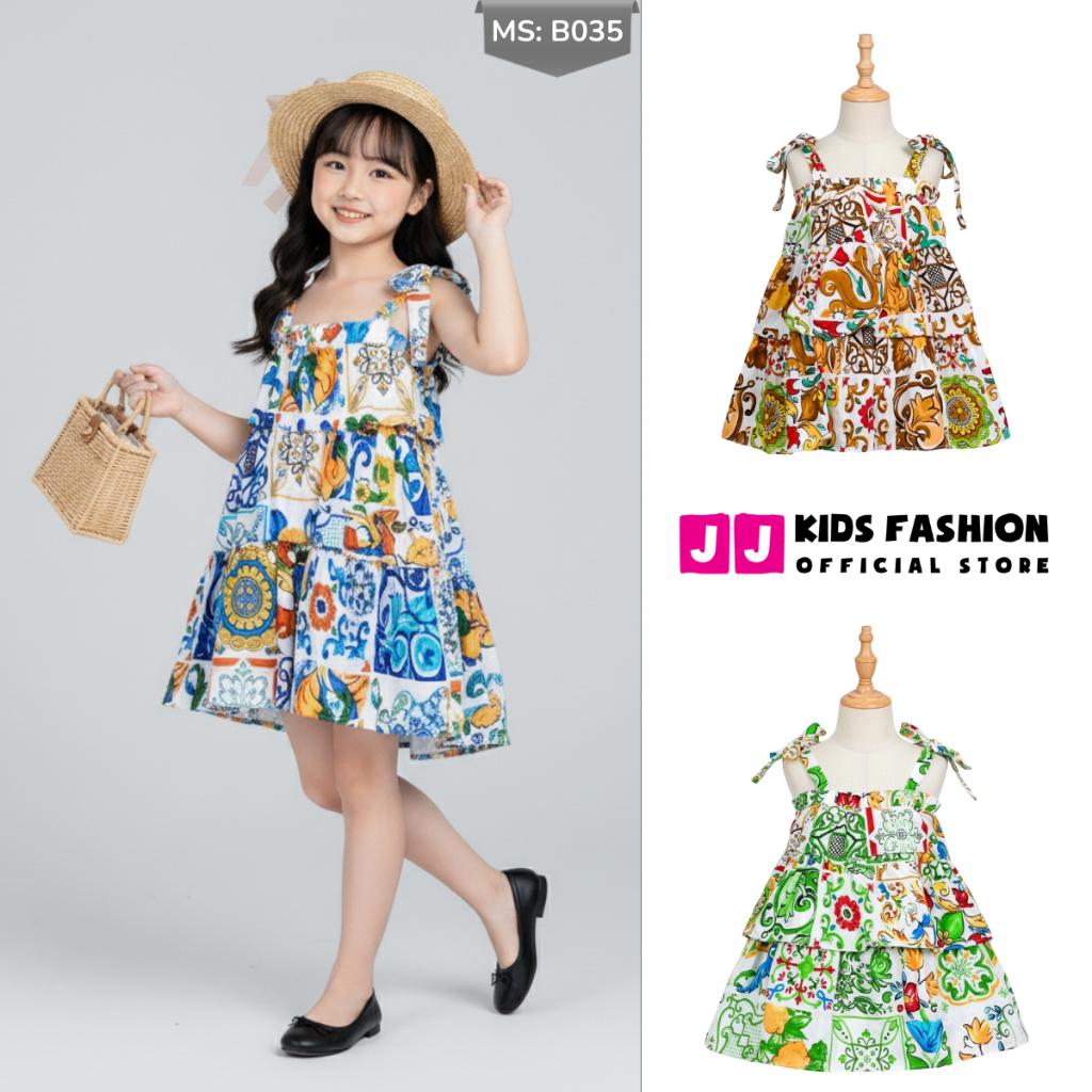 Váy mùa hè cho bé gái JJ Kids, thiết kế 3 tầng chất liệu lụa mềm mại cho trẻ em 2,3,4,5,6,7,8,9 tuổi