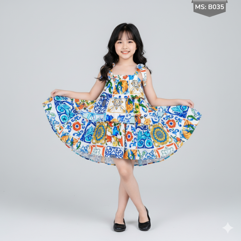 Váy mùa hè cho bé gái JJ Kids, thiết kế 3 tầng chất liệu lụa mềm mại cho trẻ em 2,3,4,5,6,7,8,9 tuổi