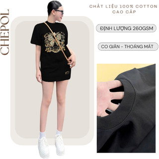 Set Bộ Áo Thun Nữ CHEPOL Form Rộng, Cổ Tròn, Phối Chân Váy, In Hình Bướm, Chất Cotton(Áo Thun Đen+Chân Váy Ngắn)CP_x5905