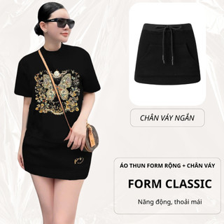 Set Bộ Áo Thun Nữ CHEPOL Form Rộng, Cổ Tròn, Phối Chân Váy, In Hình Bướm, Chất Cotton(Áo Thun Đen+Chân Váy Ngắn)CP_x5905