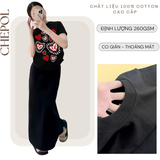 Set Bộ Áo Thun Nữ CHEPOL Form Rộng, Cổ Tròn, Phối Chân Váy, In Trái Tim, Chất Cotton(Áo Thun Đen+Chân Váy Xuông)CP_xxx28
