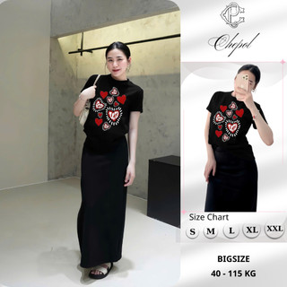 Set Bộ Áo Thun Nữ CHEPOL Form Rộng, Cổ Tròn, Phối Chân Váy, In Trái Tim, Chất Cotton(Áo Thun Đen+Chân Váy Xuông)CP_xxx28