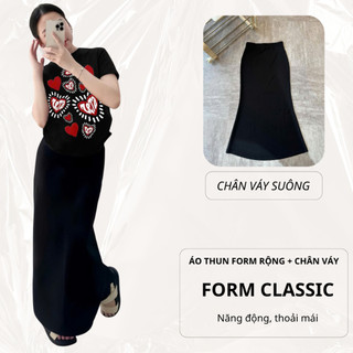 Set Bộ Áo Thun Nữ CHEPOL Form Rộng, Cổ Tròn, Phối Chân Váy, In Trái Tim, Chất Cotton(Áo Thun Đen+Chân Váy Xuông)CP_xxx28