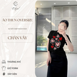 Set Bộ Áo Thun Nữ CHEPOL Form Rộng, Cổ Tròn, Phối Chân Váy, In Trái Tim, Chất Cotton(Áo Thun Đen+Chân Váy Xuông)CP_xxx28