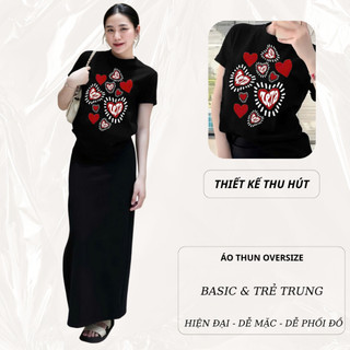 Set Bộ Áo Thun Nữ CHEPOL Form Rộng, Cổ Tròn, Phối Chân Váy, In Trái Tim, Chất Cotton(Áo Thun Đen+Chân Váy Xuông)CP_xxx28