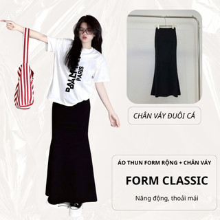 Set Bộ Áo Thun Nữ CHEPOL Form Rộng, Cổ Tròn, Phối Chân Váy, In Chữ Hoa, Chất Cotton (Áo Thun Trắng+Váy Đuôi Cá) CP_x5072