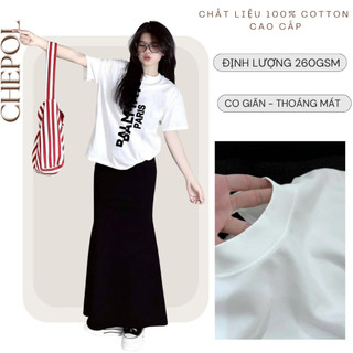 Set Bộ Áo Thun Nữ CHEPOL Form Rộng, Cổ Tròn, Phối Chân Váy, In Chữ Hoa, Chất Cotton (Áo Thun Trắng+Váy Đuôi Cá) CP_x5072