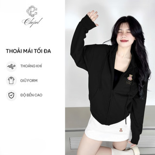 Set Bộ Nỉ Nữ Thu Đông CHEPOL Cổ Khóa, In Chú Gấu, Chất Nỉ Chân Cua Cao Cấp ( Áo Hoodie Khóa Đen + Quần Dài Đen )cp_xx981