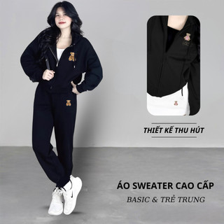 Set Bộ Nỉ Nữ Thu Đông CHEPOL Cổ Khóa, In Chú Gấu, Chất Nỉ Chân Cua Cao Cấp ( Áo Hoodie Khóa Đen + Quần Dài Đen )cp_xx981