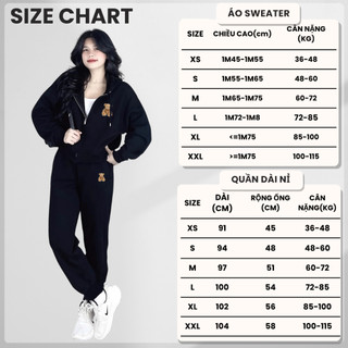 Set Bộ Nỉ Nữ Thu Đông CHEPOL Cổ Khóa, In Chú Gấu, Chất Nỉ Chân Cua Cao Cấp ( Áo Hoodie Khóa Đen + Quần Dài Đen )cp_xx981