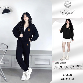 Set Bộ Nỉ Nữ Thu Đông CHEPOL Cổ Khóa, In Chú Gấu, Chất Nỉ Chân Cua Cao Cấp ( Áo Hoodie Khóa Đen + Quần Dài Đen )cp_xx981