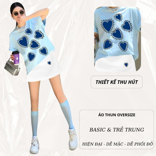 Set Bộ Áo Thun Nữ CHEPOL Form Rộng, Cổ Tròn, Phối Chân Váy, In Trái Tim, Chất Cotton(Áo Phông Xanh Biển+CV Ngắn)CP_x6956