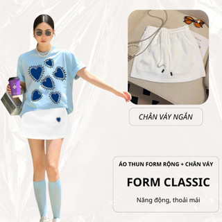 Set Bộ Áo Thun Nữ CHEPOL Form Rộng, Cổ Tròn, Phối Chân Váy, In Trái Tim, Chất Cotton(Áo Phông Xanh Biển+CV Ngắn)CP_x6956