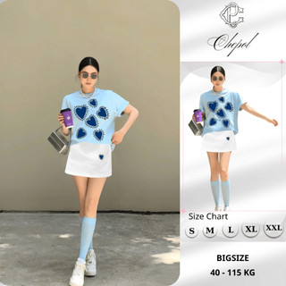 Set Bộ Áo Thun Nữ CHEPOL Form Rộng, Cổ Tròn, Phối Chân Váy, In Trái Tim, Chất Cotton(Áo Phông Xanh Biển+CV Ngắn)CP_x6956