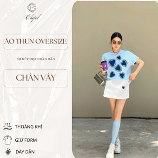 Set Bộ Áo Thun Nữ CHEPOL Form Rộng, Cổ Tròn, Phối Chân Váy, In Trái Tim, Chất Cotton(Áo Phông Xanh Biển+CV Ngắn)CP_x6956