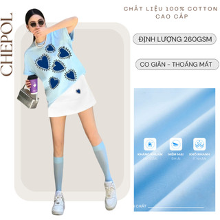 Set Bộ Áo Thun Nữ CHEPOL Form Rộng, Cổ Tròn, Phối Chân Váy, In Trái Tim, Chất Cotton(Áo Phông Xanh Biển+CV Ngắn)CP_x6956