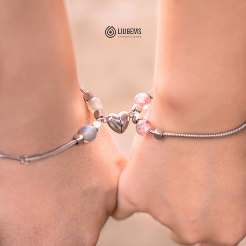 Vòng Tay Đôi Thép Không Gỉ Liugems Mix Đá Tự Nhiên Amor Charm Trái Tim Nam Châm VT05