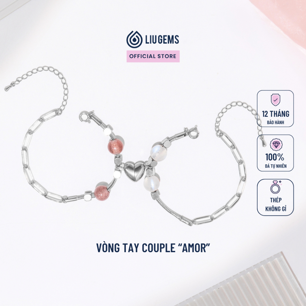 Vòng Tay Đôi Thép Không Gỉ Liugems Mix Đá Tự Nhiên Amor Charm Trái Tim Nam Châm VT05