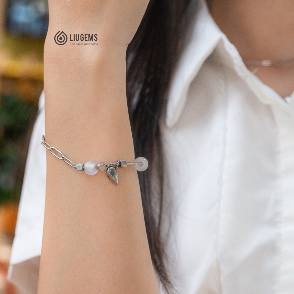 Vòng Tay Đôi Thép Không Gỉ Liugems Mix Đá Tự Nhiên Amor Charm Trái Tim Nam Châm VT05