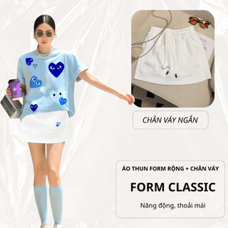 Set Bộ Áo Thun Nữ CHEPOL Form Rộng, Cổ Tròn, Phối Chân Váy, In Trái Tim, Chất Cotton(Áo Phông Xanh Biển+CV Ngắn)CP_x6984