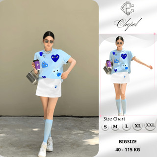 Set Bộ Áo Thun Nữ CHEPOL Form Rộng, Cổ Tròn, Phối Chân Váy, In Trái Tim, Chất Cotton(Áo Phông Xanh Biển+CV Ngắn)CP_x6984