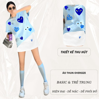 Set Bộ Áo Thun Nữ CHEPOL Form Rộng, Cổ Tròn, Phối Chân Váy, In Trái Tim, Chất Cotton(Áo Phông Xanh Biển+CV Ngắn)CP_x6984