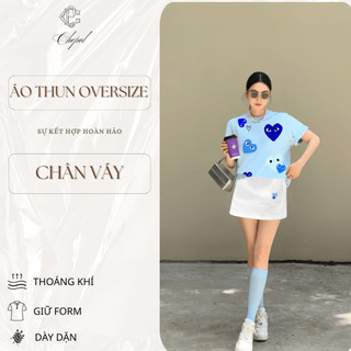 Set Bộ Áo Thun Nữ CHEPOL Form Rộng, Cổ Tròn, Phối Chân Váy, In Trái Tim, Chất Cotton(Áo Phông Xanh Biển+CV Ngắn)CP_x6984
