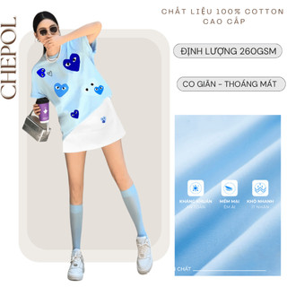 Set Bộ Áo Thun Nữ CHEPOL Form Rộng, Cổ Tròn, Phối Chân Váy, In Trái Tim, Chất Cotton(Áo Phông Xanh Biển+CV Ngắn)CP_x6984