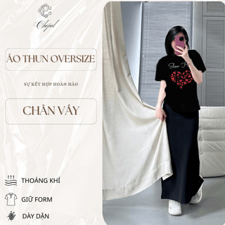 Set Bộ Áo Phông Nữ Chepol Form Rộng, Cổ Tròn, Tay Ngắn, In Trái Tim ,Chất Cotton (Áo Thun Đen+Chân Váy Đuôi Cá) CP_xx112