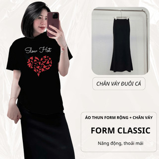 Set Bộ Áo Phông Nữ Chepol Form Rộng, Cổ Tròn, Tay Ngắn, In Trái Tim ,Chất Cotton (Áo Thun Đen+Chân Váy Đuôi Cá) CP_xx112