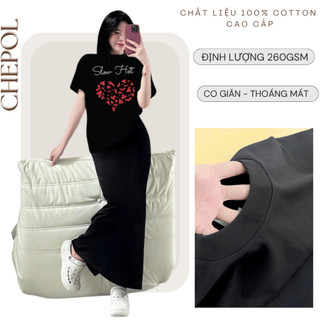 Set Bộ Áo Phông Nữ Chepol Form Rộng, Cổ Tròn, Tay Ngắn, In Trái Tim ,Chất Cotton (Áo Thun Đen+Chân Váy Đuôi Cá) CP_xx112