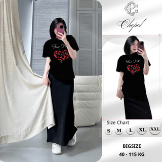 Set Bộ Áo Phông Nữ Chepol Form Rộng, Cổ Tròn, Tay Ngắn, In Trái Tim ,Chất Cotton (Áo Thun Đen+Chân Váy Đuôi Cá) CP_xx112