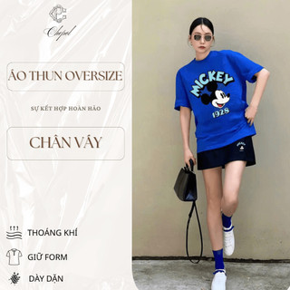 Set Bộ Áo Phông Nữ Chepol Form Rộng, In Mickey, Cổ Tròn, Phối Chân Váy, Chất Cotton(Áo Thun Xanh +Chân Váy Ngắn)CP_x7629