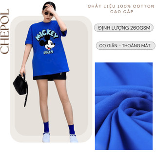 Set Bộ Áo Phông Nữ Chepol Form Rộng, In Mickey, Cổ Tròn, Phối Chân Váy, Chất Cotton(Áo Thun Xanh +Chân Váy Ngắn)CP_x7629