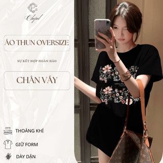 Set Bộ Áo Phông Nữ Chepol Form Rộng, Cổ tròn, Phối Chân Váy, In Hoa, Chất Cotton ( Áo Thun Đen + Chân Váy Ngắn) CP_x8543