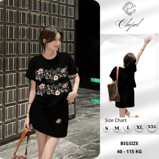 Set Bộ Áo Phông Nữ Chepol Form Rộng, Cổ tròn, Phối Chân Váy, In Hoa, Chất Cotton ( Áo Thun Đen + Chân Váy Ngắn) CP_x8543