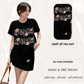 Set Bộ Áo Phông Nữ Chepol Form Rộng, Cổ tròn, Phối Chân Váy, In Hoa, Chất Cotton ( Áo Thun Đen + Chân Váy Ngắn) CP_x8543