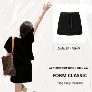 Set Bộ Áo Phông Nữ Chepol Form Rộng, Cổ tròn, Phối Chân Váy, In Hoa, Chất Cotton ( Áo Thun Đen + Chân Váy Ngắn) CP_x8543